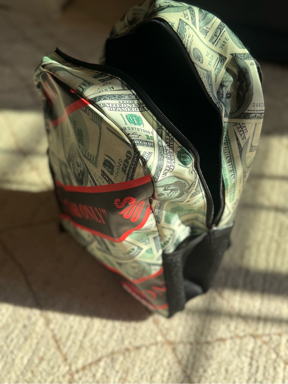 Reason Cash Only $100 Bill Money Print Backpack Black Red Green NWT